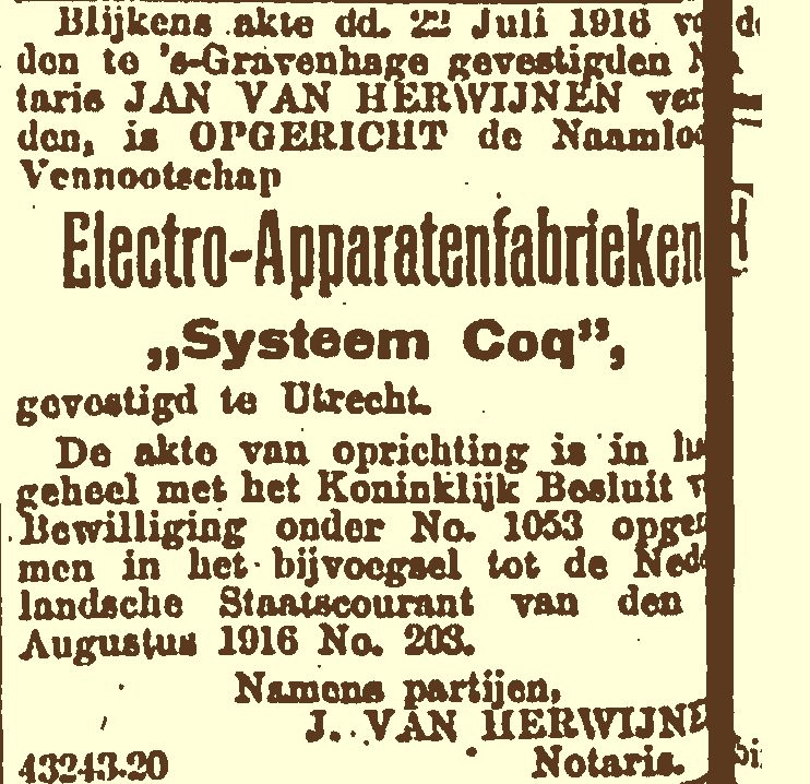 Oprichting Coq Utrecht 1916