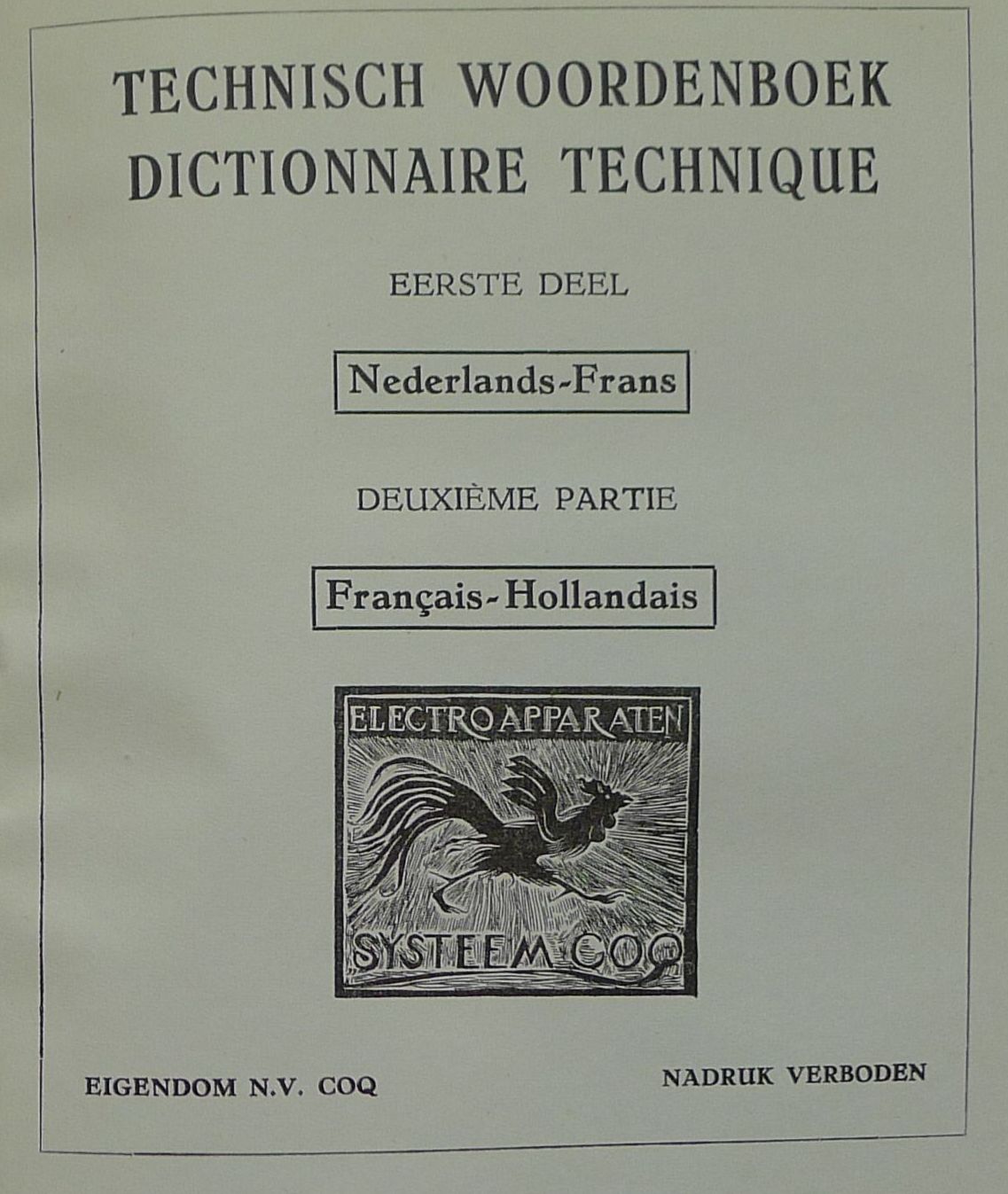 Technisch woordenboek Fr-NL/NL-Fr uitgegeven door Coq Utrecht (1954)