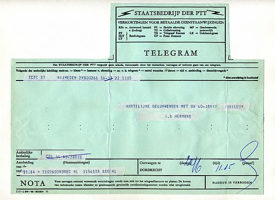 Telegram 40 jaar EMF Dordt.
