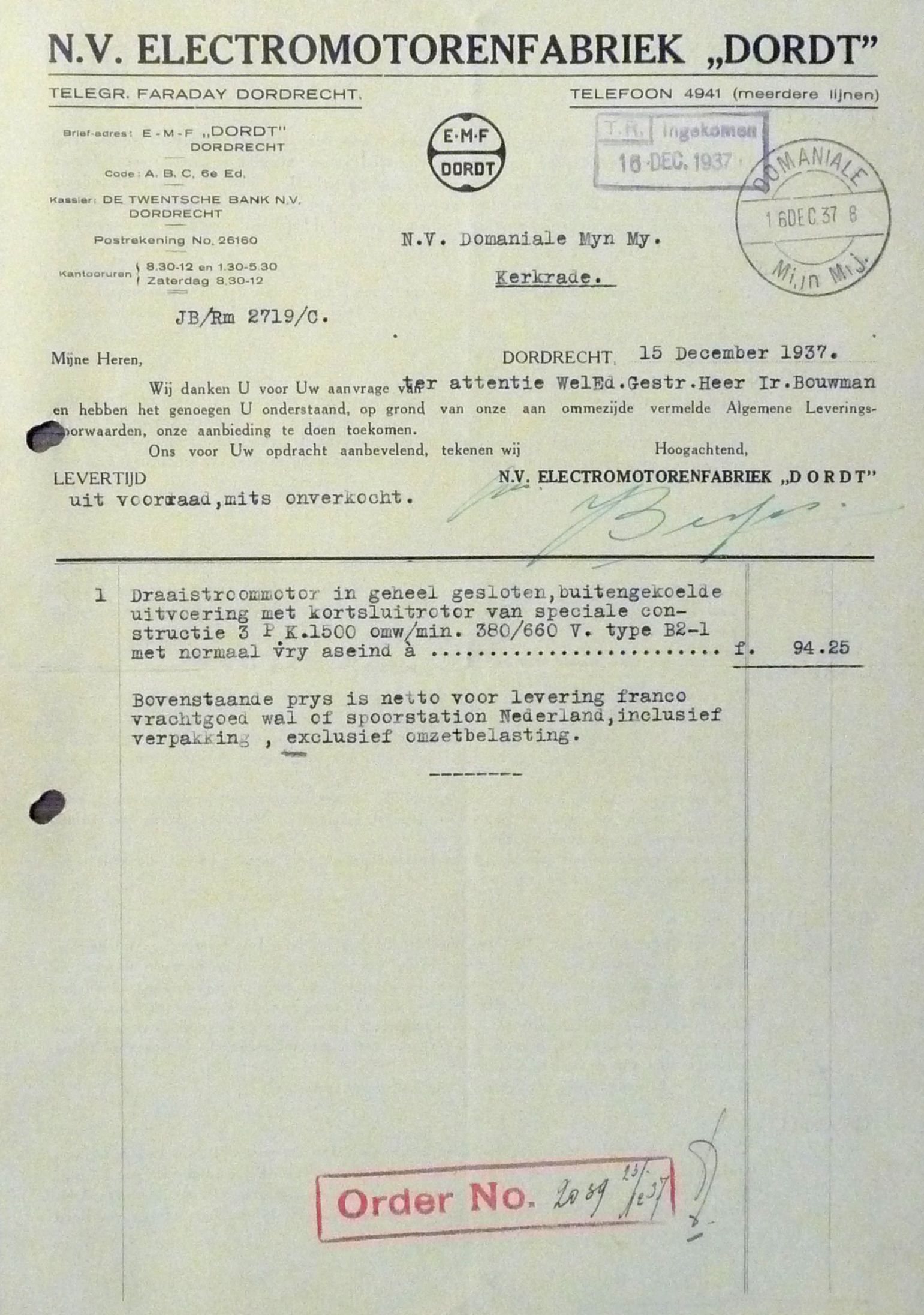 Klik hier om de foto te vergroten Offerte EMF Dordt aan de Domaniale Mijn (1937)