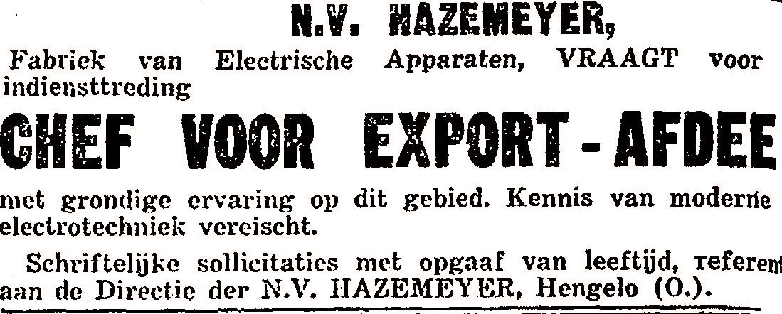 Advertentie chef export 1927
