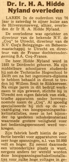 Overlijden Dr. Ir. H.A. Hidde Nijland (1962)