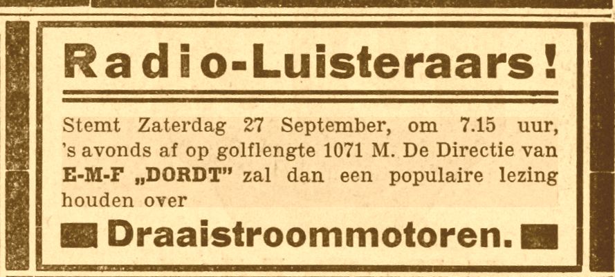 Radiolezing over draaistroommotoren door EMF Dordt (25-09-1930)