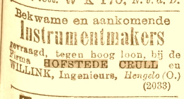 Personeelsadvertentie 15-09-1900 Hofstede Crull en Willink